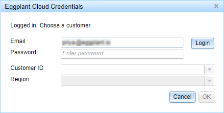 Your Eggplant Cloud Credentials are valid if this dialog displays a logged in message