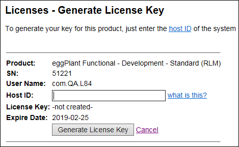 Generate License Key page in Greenhouse