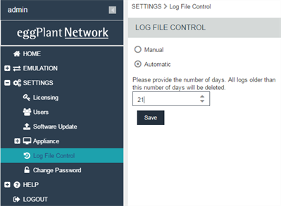 Log File Control pane in Eggplant Network