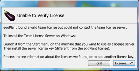 license unable verify eggplant message why functional team server