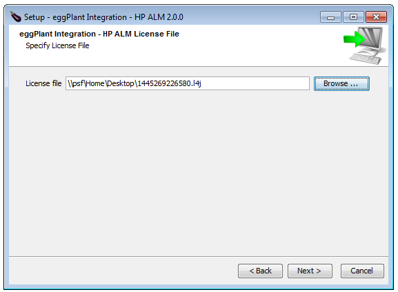 Eggplant Integrations for HP ALM Specify License File panel 