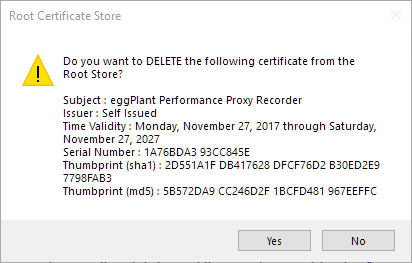 Delete root certificate dialog box