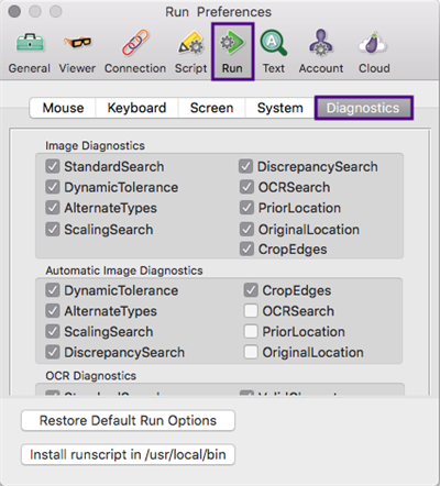 The Diagnostics tab in Eggplant Functional Run Preferences