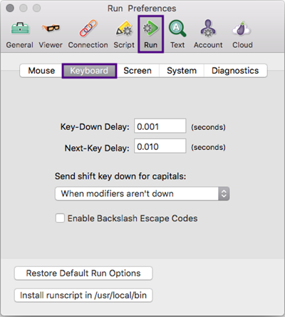 The Keyboard settings tab in Eggplant Functional Run Preferences