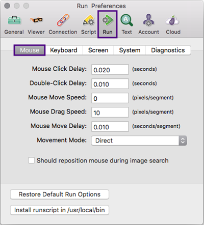 The Mouse options tab in Eggplant Functional Run Preferences
