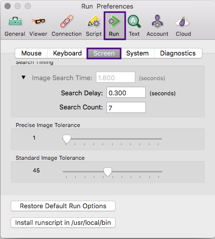 The Screen settings tab in Eggplant Functional Run Preferences