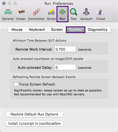 The System tab in Eggplant Functional Run Preferences