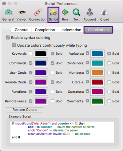 Script colorization preferences tab in Eggplant Functional