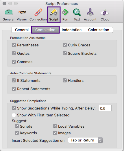 The Completion pane of Script prefernces controls auto-completion settings